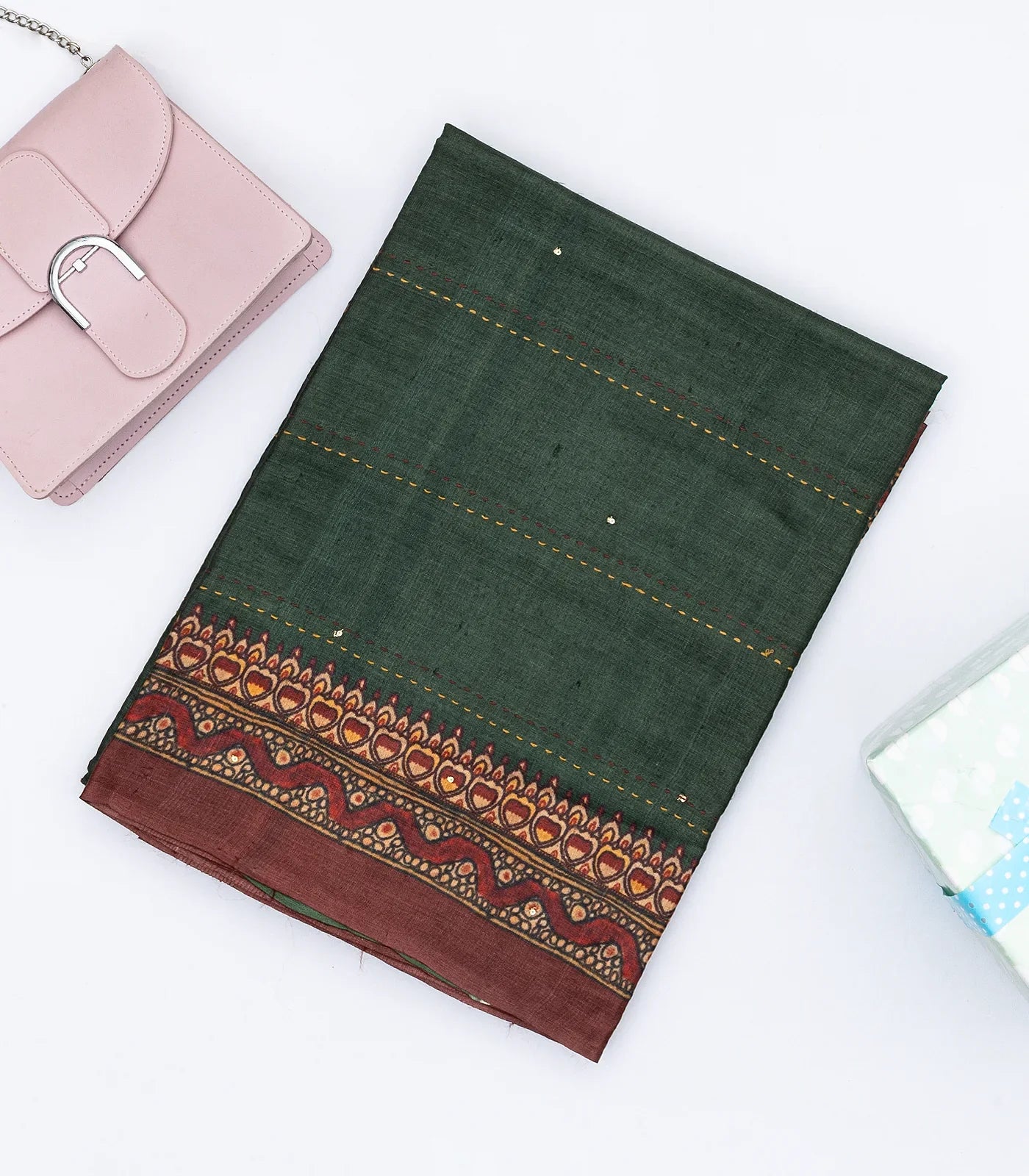 Bottle Green Handloom Tussar Silk Saree Printed With Lord Ram In Pallu