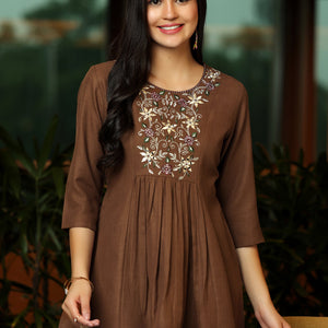 Brown Yoke Design Cotton Blend A-Line Kurti