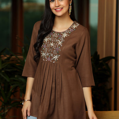 Brown Yoke Design Cotton Blend A-Line Kurti
