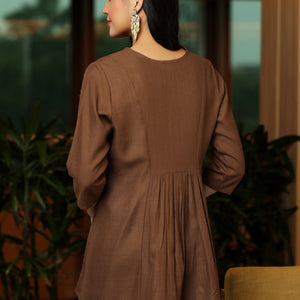 Brown Yoke Design Cotton Blend A-Line Kurti