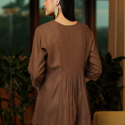 Brown Yoke Design Cotton Blend A-Line Kurti