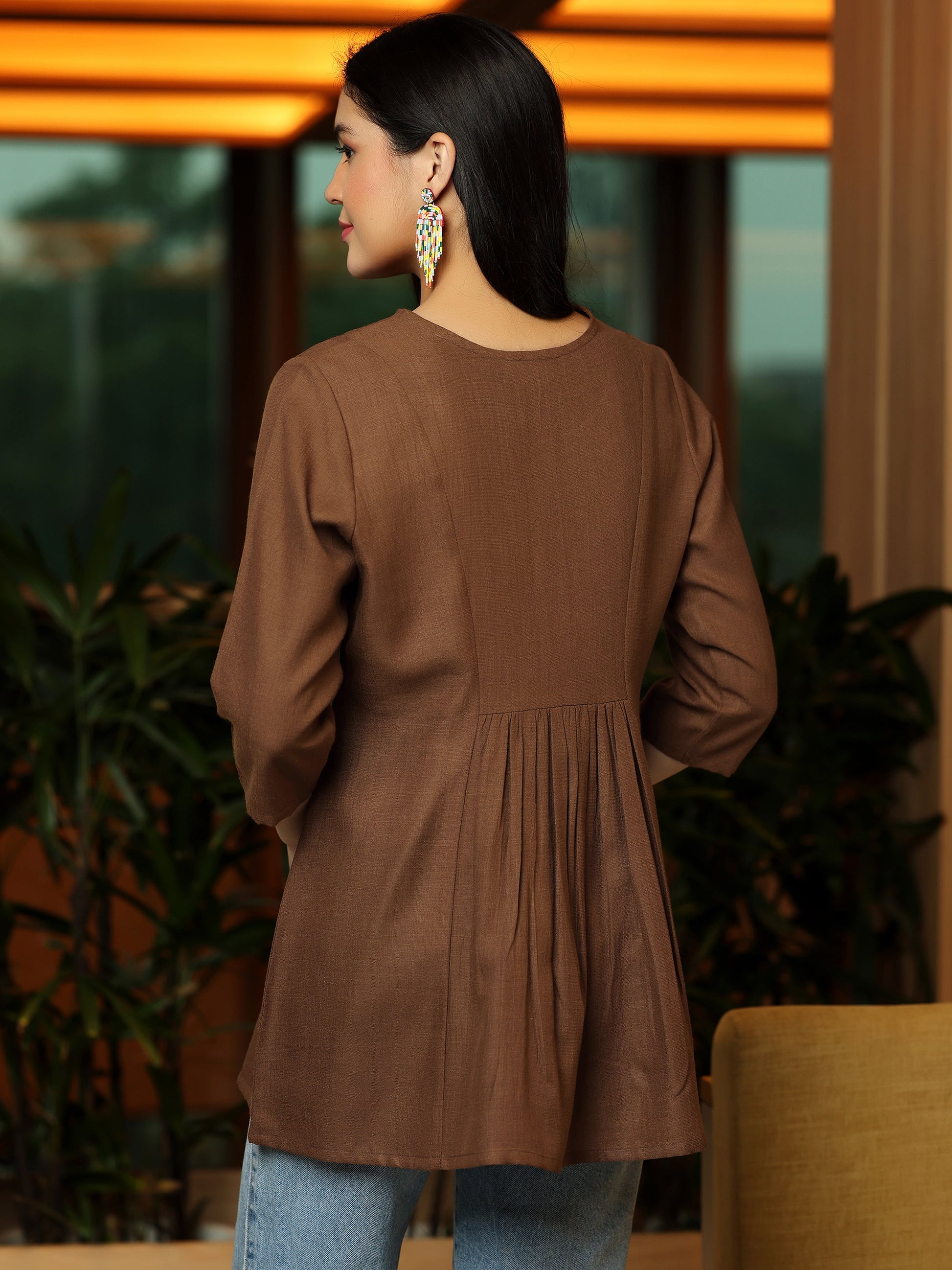 Brown Yoke Design Cotton Blend A-Line Kurti