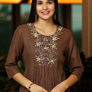 Brown Yoke Design Cotton Blend A-Line Kurti