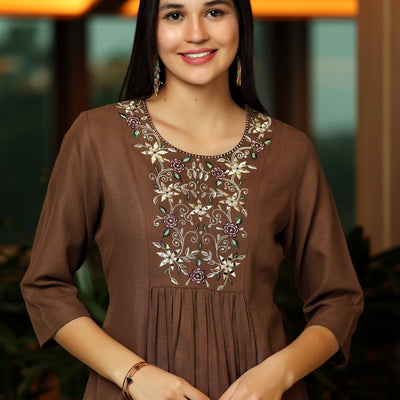 Brown Yoke Design Cotton Blend A-Line Kurti