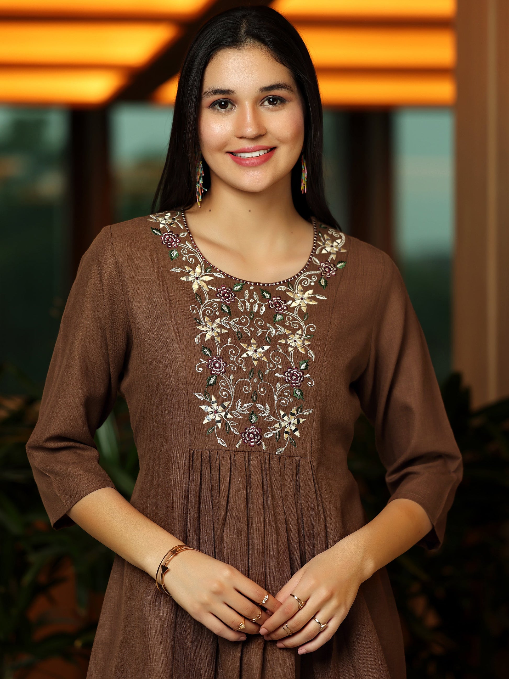 Brown Yoke Design Cotton Blend A-Line Kurti