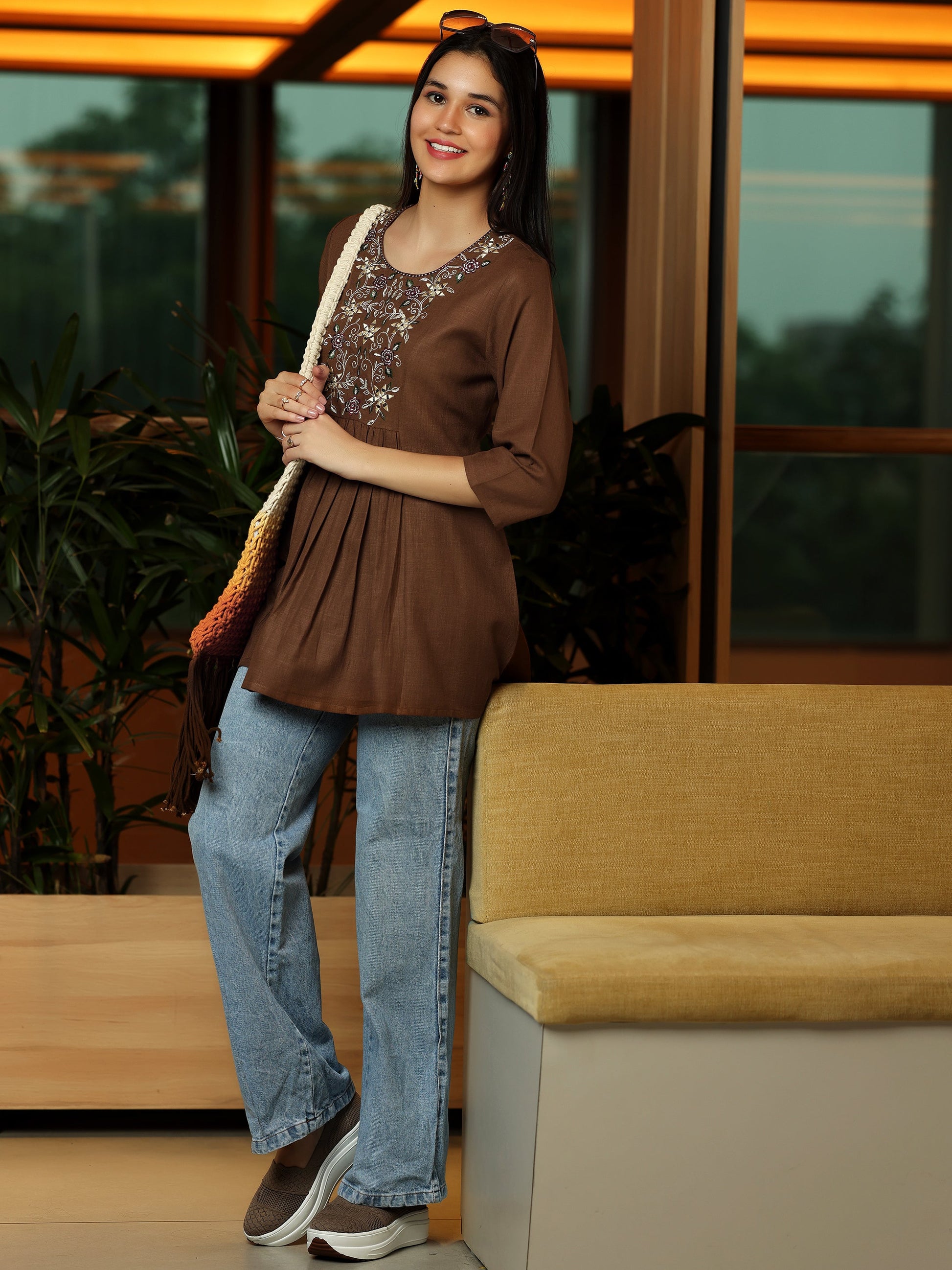 Brown Yoke Design Cotton Blend A-Line Kurti