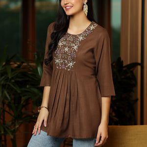 Brown Yoke Design Cotton Blend A-Line Kurti