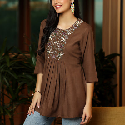 Brown Yoke Design Cotton Blend A-Line Kurti