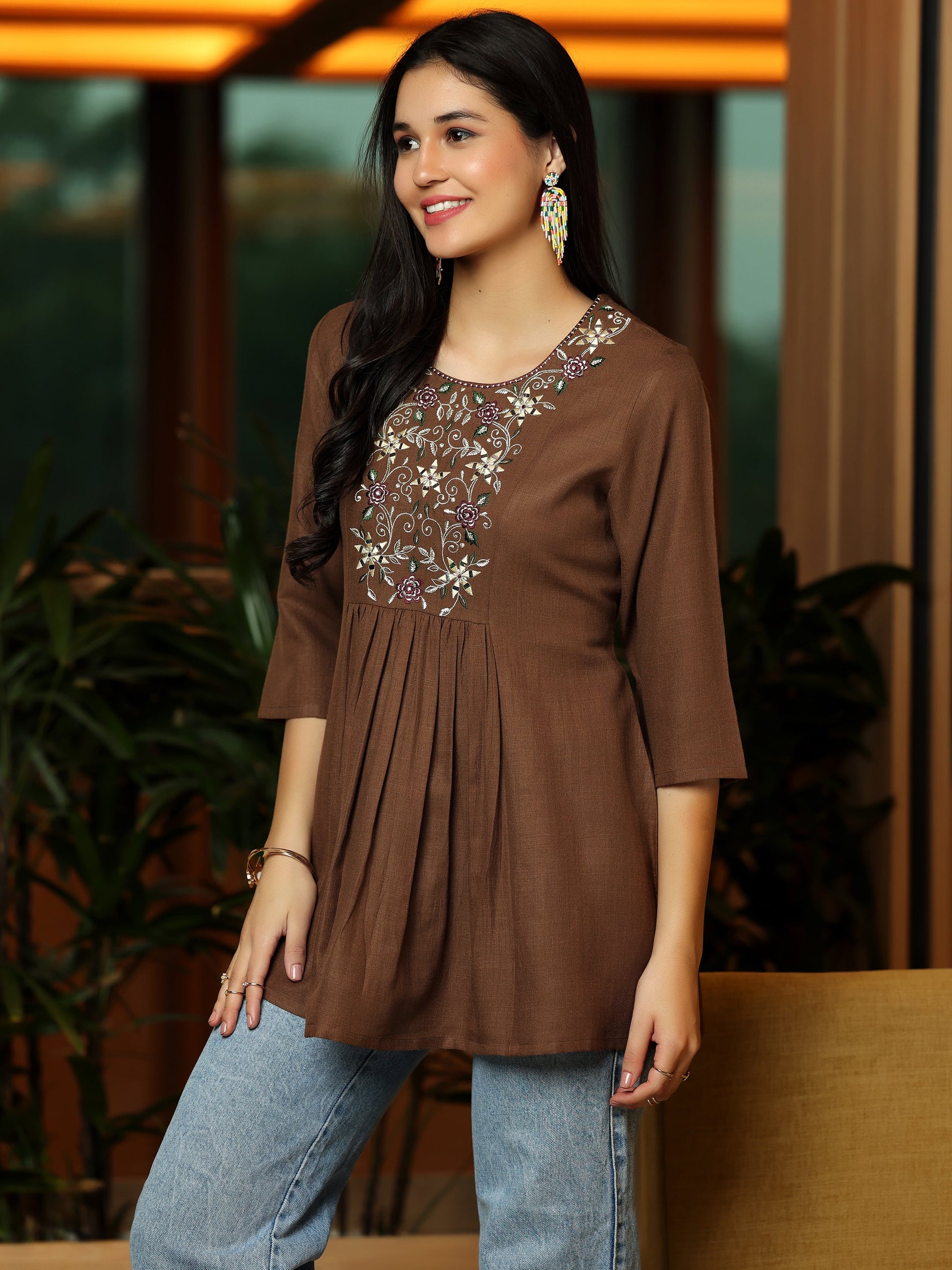 Brown Yoke Design Cotton Blend A-Line Kurti