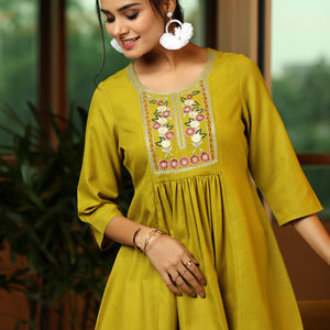 Green Yoke Design Cotton Blend A-Line Kurti