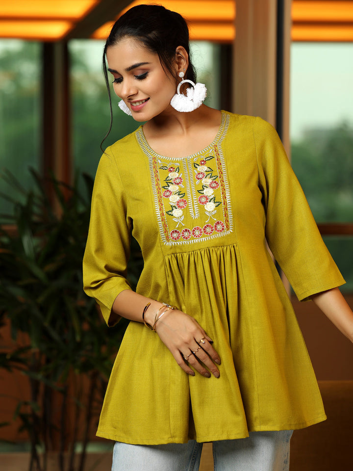 Green Yoke Design Cotton Blend A-Line Kurti