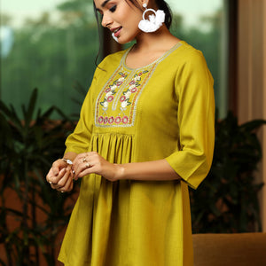 Green Yoke Design Cotton Blend A-Line Kurti