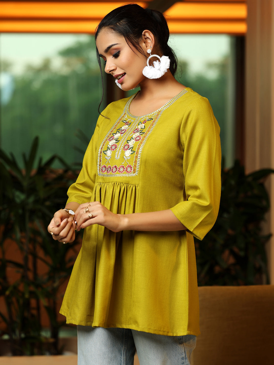 Green Yoke Design Cotton Blend A-Line Kurti