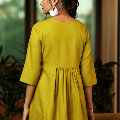 Green Yoke Design Cotton Blend A-Line Kurti