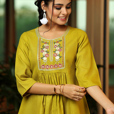 Green Yoke Design Cotton Blend A-Line Kurti