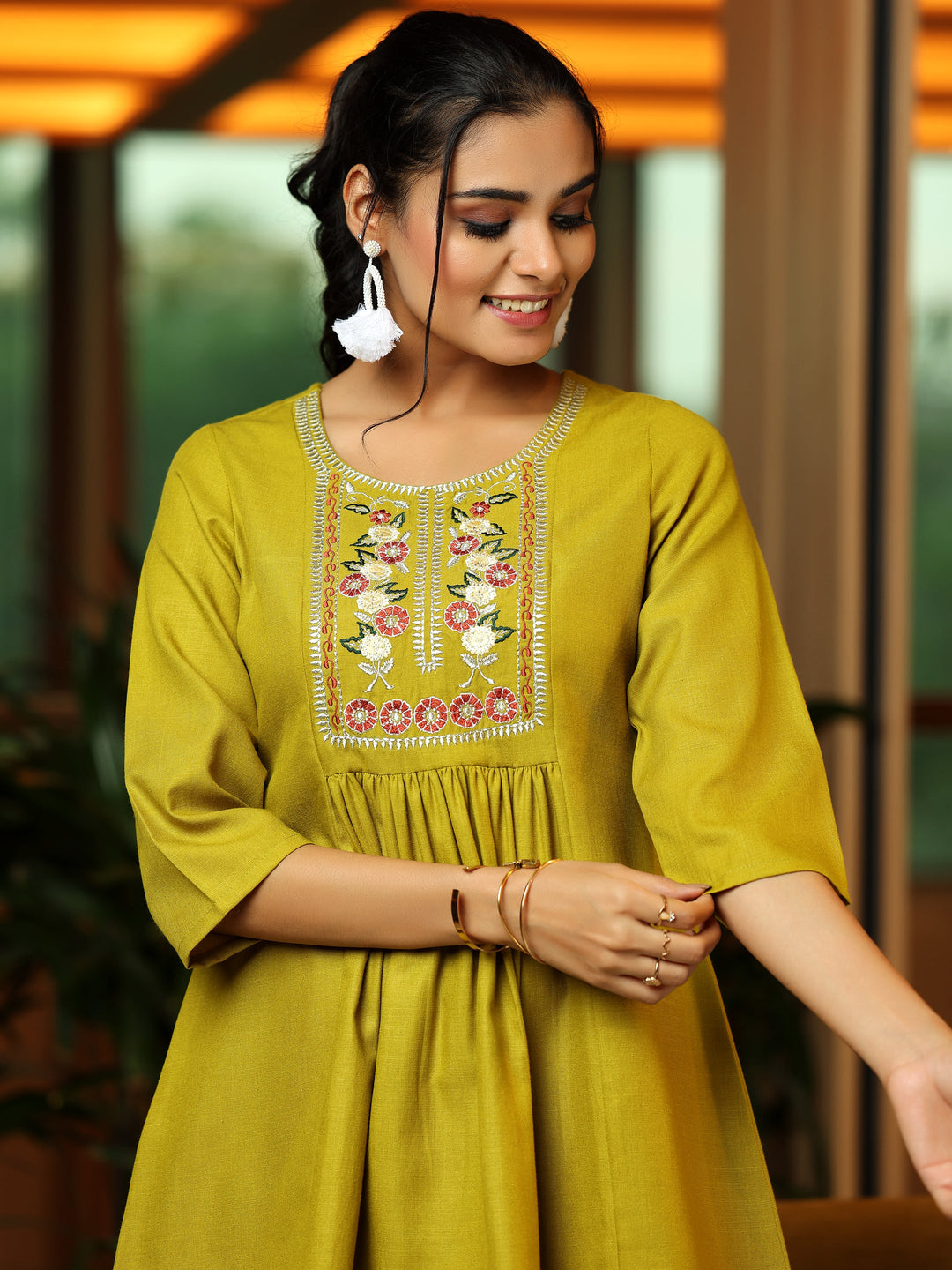 Green Yoke Design Cotton Blend A-Line Kurti