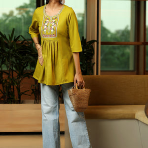 Green Yoke Design Cotton Blend A-Line Kurti