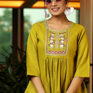 Green Yoke Design Cotton Blend A-Line Kurti