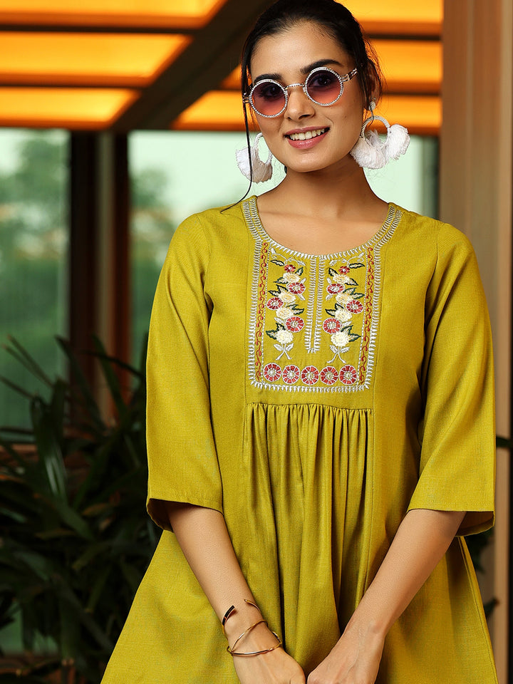 Green Yoke Design Cotton Blend A-Line Kurti