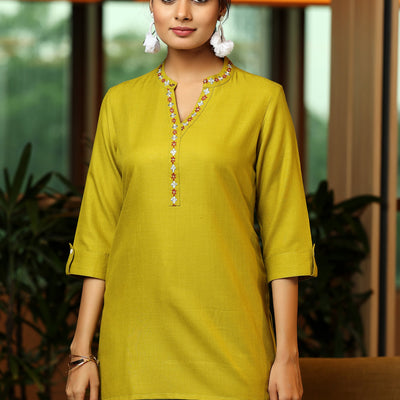 Green Solid Cotton Blend Straight Kurti