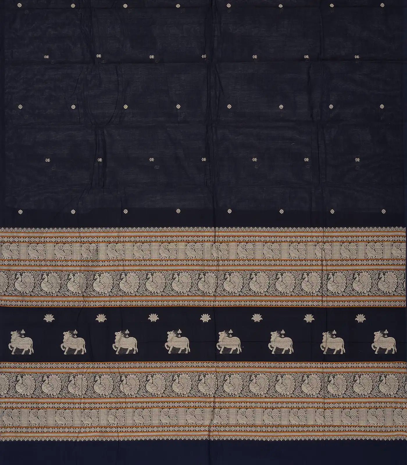 Black Handloom Kanchi Cotton Saree With Lotus Buttas