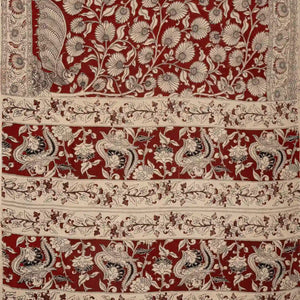 Taupe Cotton Saree With Maroon Kalamkari Print