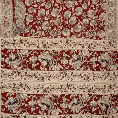 Taupe Cotton Saree With Maroon Kalamkari Print