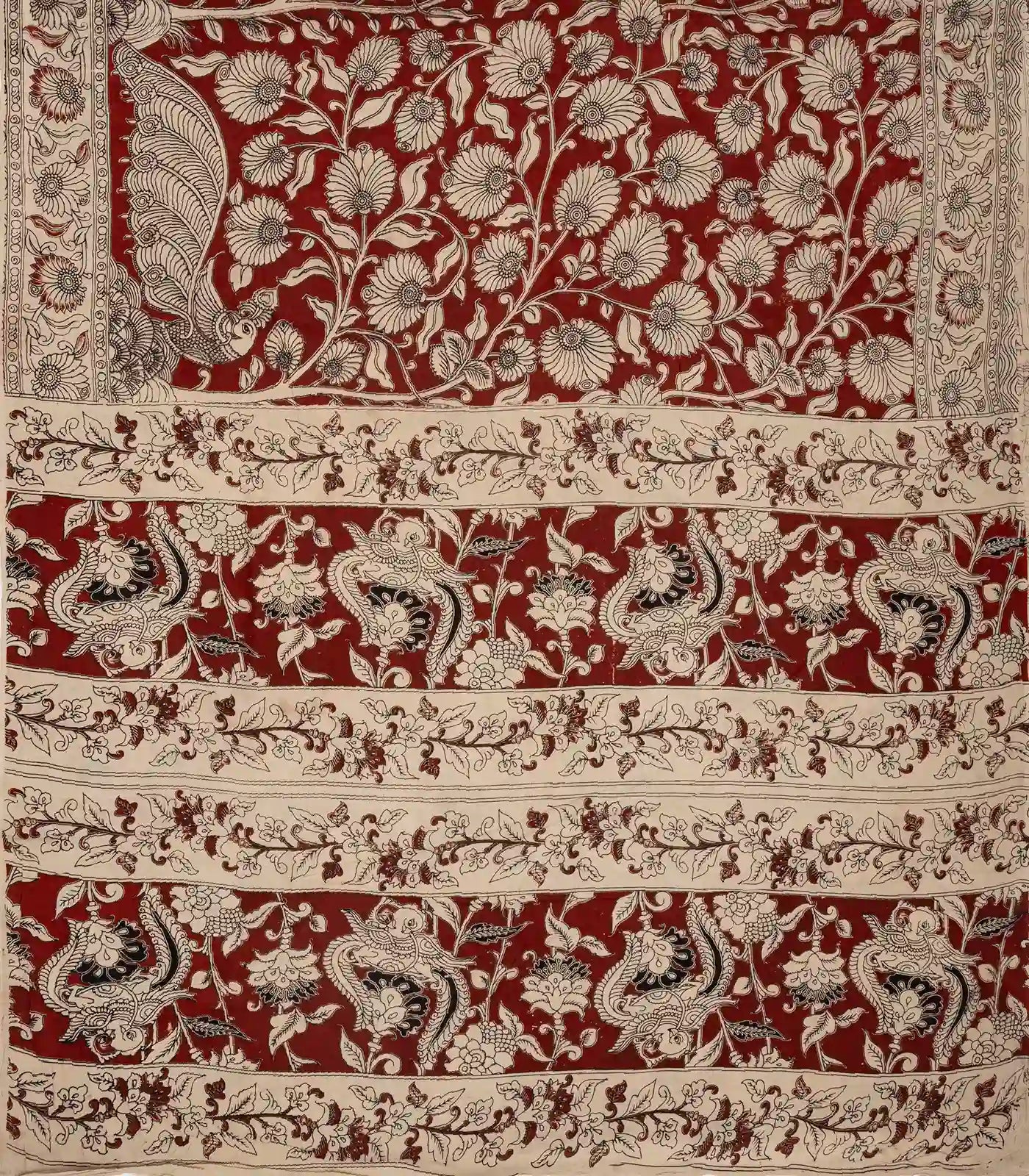 Taupe Cotton Saree With Maroon Kalamkari Print