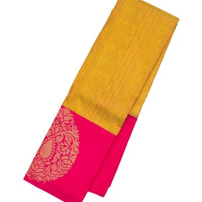 Mustard Handloom Kanchipuram Silk Saree With Abstract Stripes