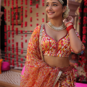 Creamy Crimson Blaze Printed Satin Lehenga Set