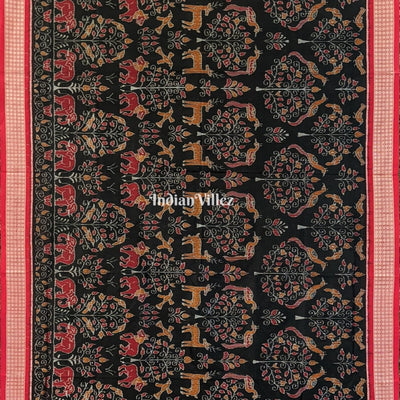 Black Animal Theme Sambalpuri Ikat Silk Saree