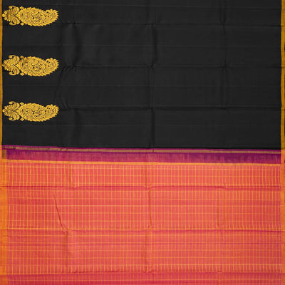 Black Handloom Kanchipuram Silk Saree With Contrast Pallu