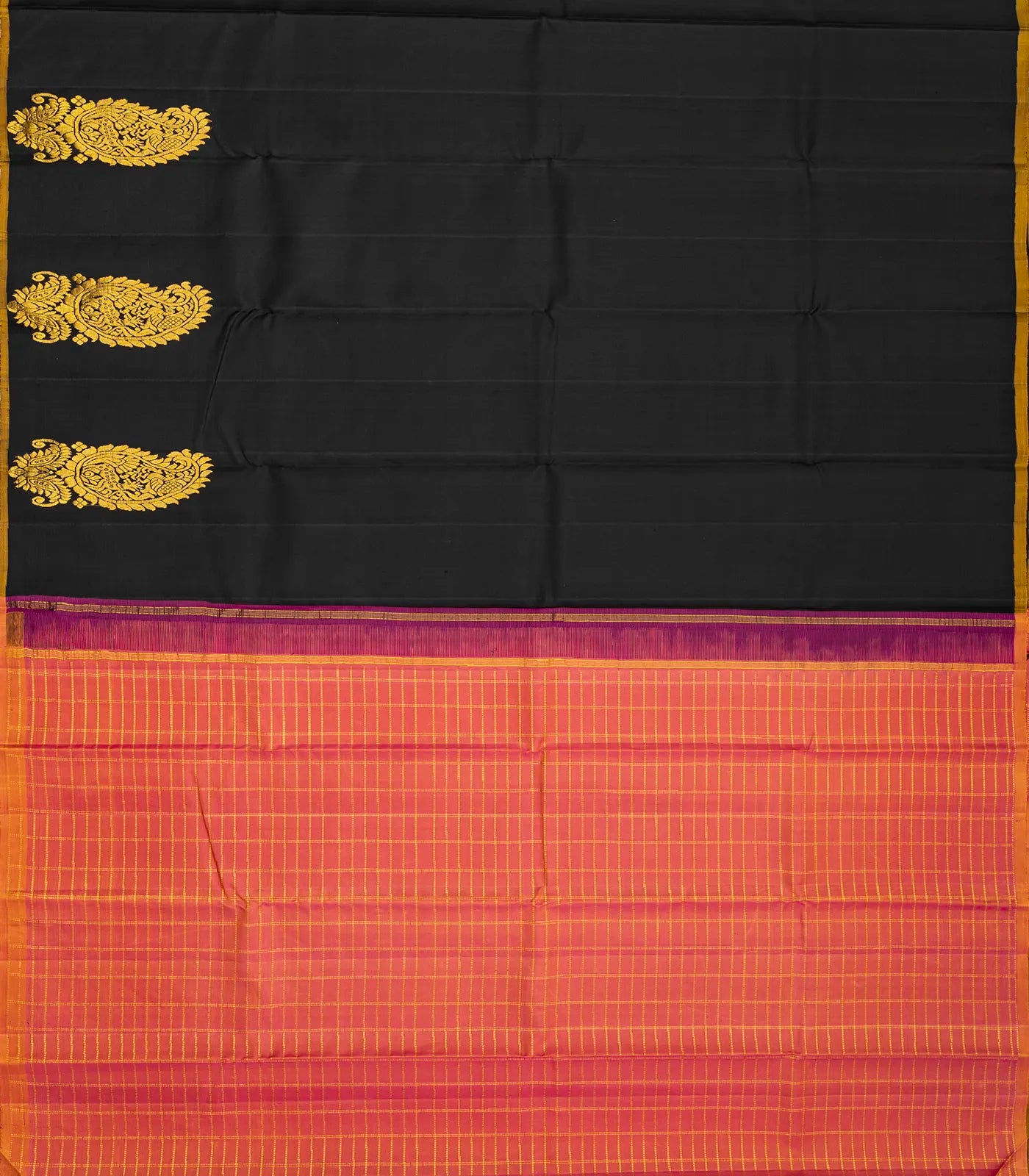 Black Handloom Kanchipuram Silk Saree With Contrast Pallu