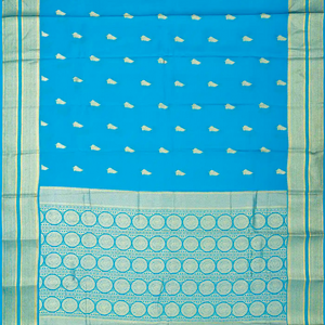 Turquoise Mysore Crepe Silk Saree With Floral Buttas & Zari Border