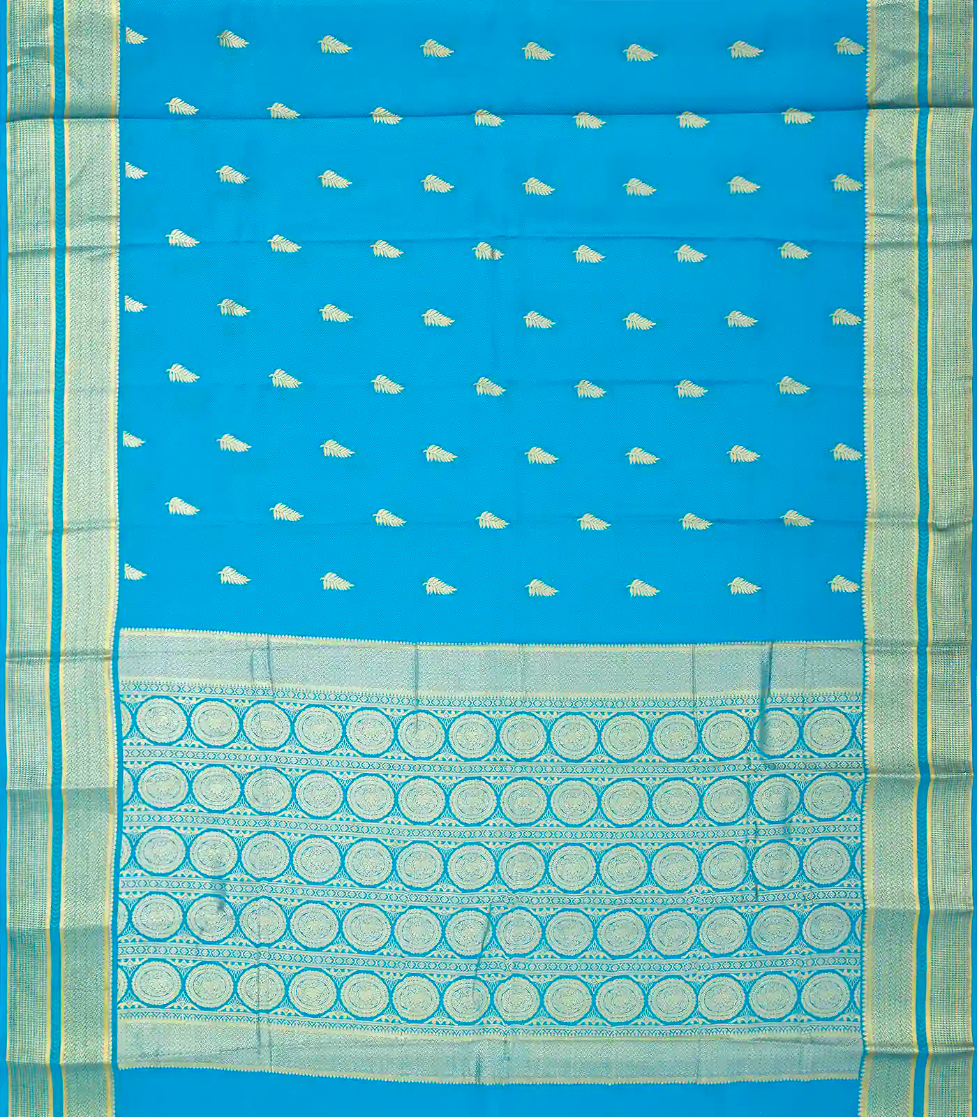 Turquoise Mysore Crepe Silk Saree With Floral Buttas & Zari Border