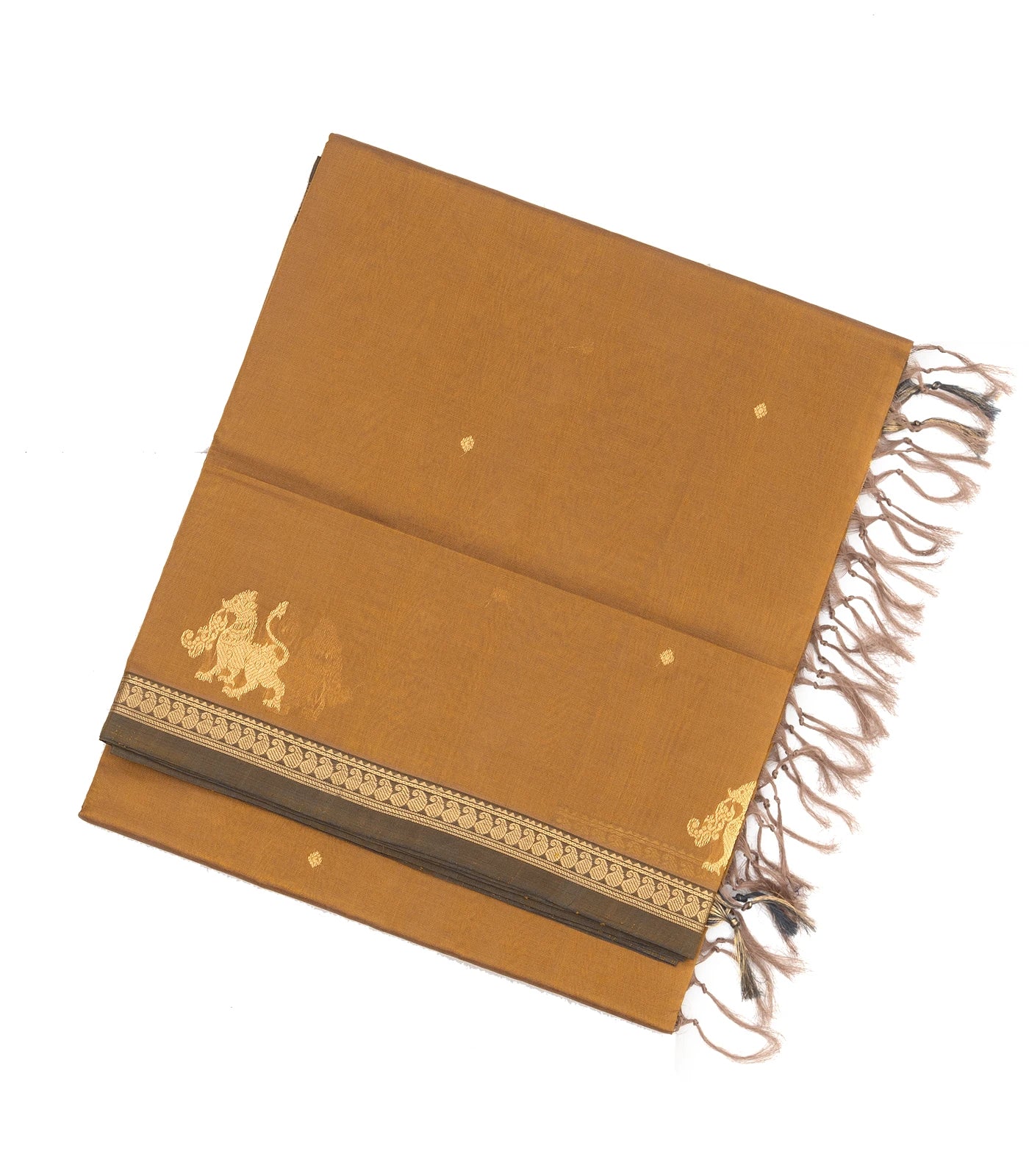 Beige Handloom Silk Cotton Saree With Yazhi Buttas