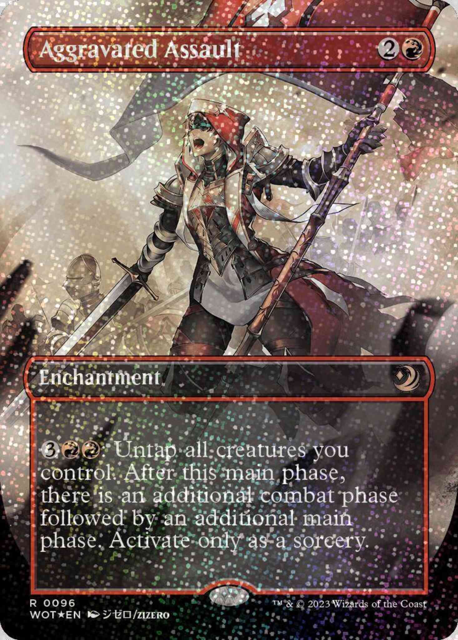 Aggravated Assault [96] [Borderless] [Anime] [Wilds of Eldraine: Enchanting Tales] [Confetti Foil]