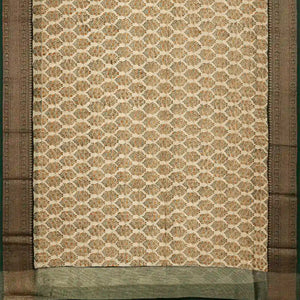 Taupe Woven Chanderi Printed Cotton Saree With Contrast Border