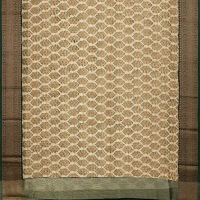 Taupe Woven Chanderi Printed Cotton Saree With Contrast Border