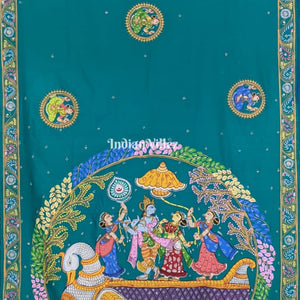 Azure Blue Radha Krishna Hand-Painted Pattachitra Art Silk Saree