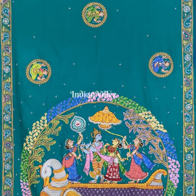 Azure Blue Radha Krishna Hand-Painted Pattachitra Art Silk Saree