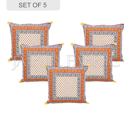 Orange Jaipuri Block Golden Print Cotton Cushion Cover