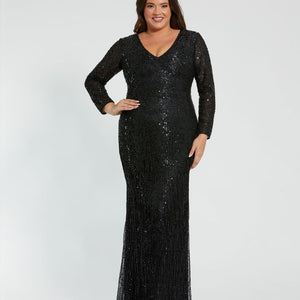 Mac Duggal 5947 Long Sleeve Beaded Fringe Plus Size Formal Dress