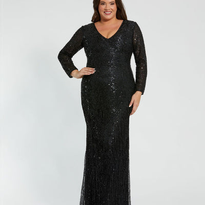 Mac Duggal 5947 Long Sleeve Beaded Fringe Plus Size Formal Dress