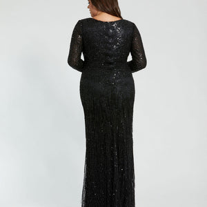 Mac Duggal 5947 Long Sleeve Beaded Fringe Plus Size Formal Dress