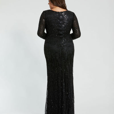 Mac Duggal 5947 Long Sleeve Beaded Fringe Plus Size Formal Dress