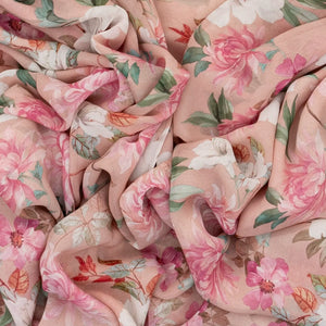 Light Peach Georgette Silk Saree Printed With Floral Motifs & Zari Border