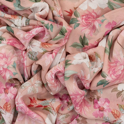 Light Peach Georgette Silk Saree Printed With Floral Motifs & Zari Border