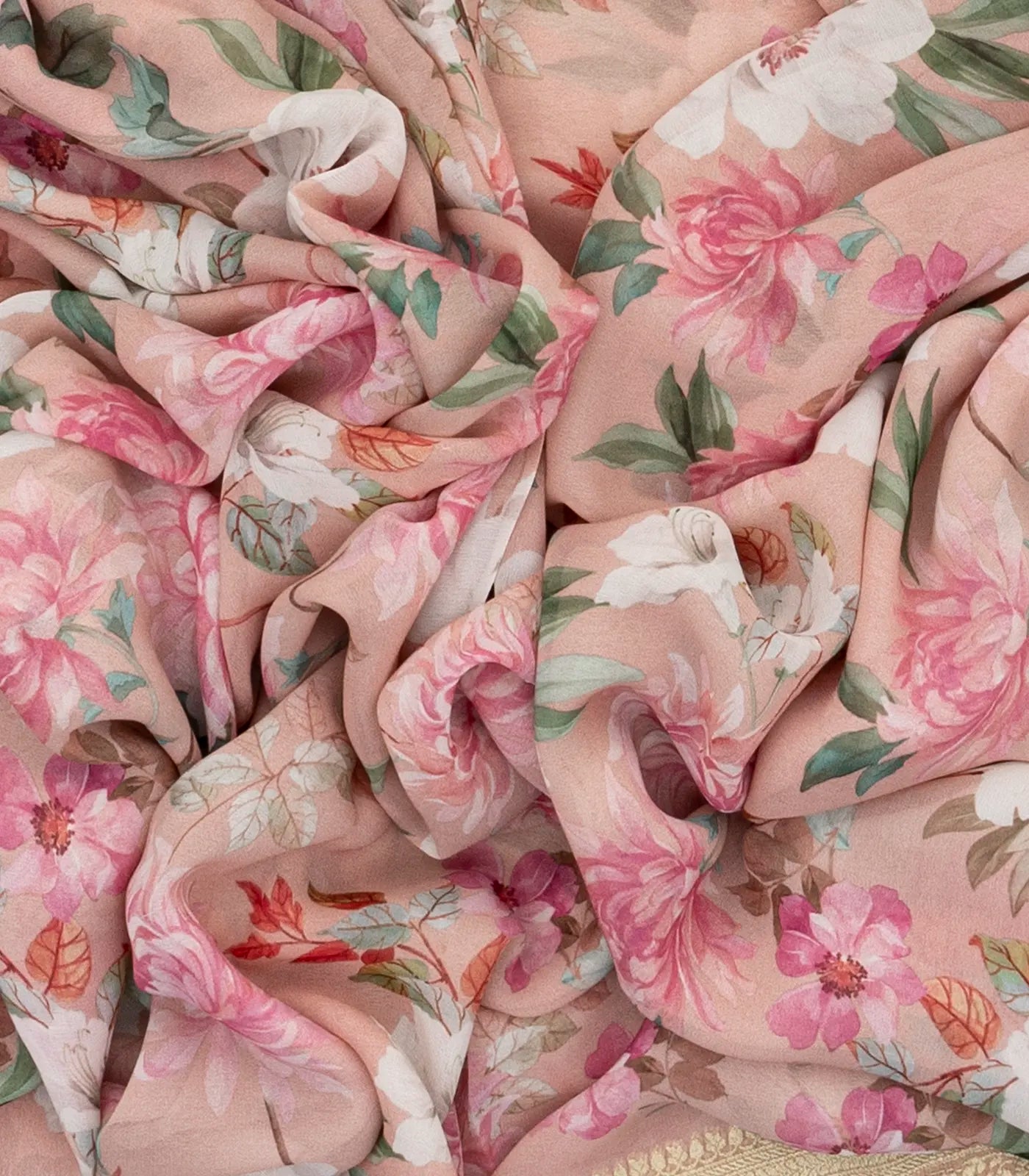 Light Peach Georgette Silk Saree Printed With Floral Motifs & Zari Border