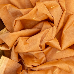 Peach Handloom Kanchi Cotton Saree With Tree Buttas & Brown Border